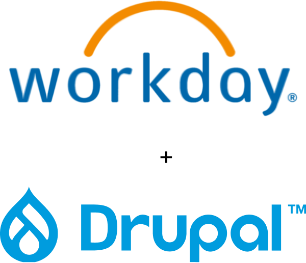 The image shows two logos stacked vertically. The top logo is for "workday." in blue lowercase letters with an orange arc above the text. The bottom logo is for "Drupal" in blue, featuring a stylized water droplet icon to the left of the text.
