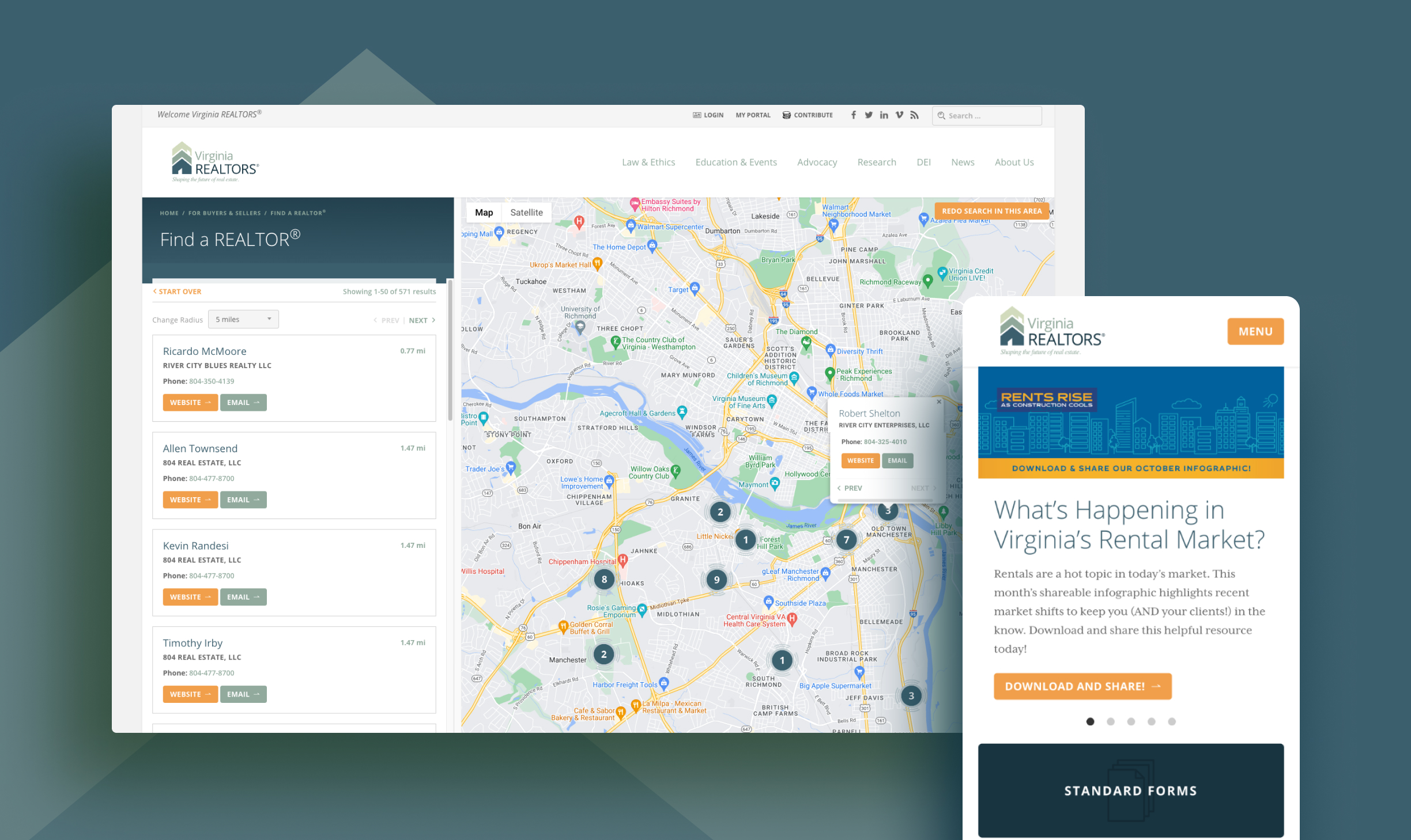 A webpage layout featuring a map interface for finding realtors in Virginia. On the left side, a list displays realtor names, their associated companies, distances, and contact options (website and email). The right side shows a detailed map with markers indicating realtor locations. A sidebar highlights information about Virginia's rental market, including a call-to-action to download an infographic and access standard forms. The overall design is clean and modern, with a blue and green color scheme.