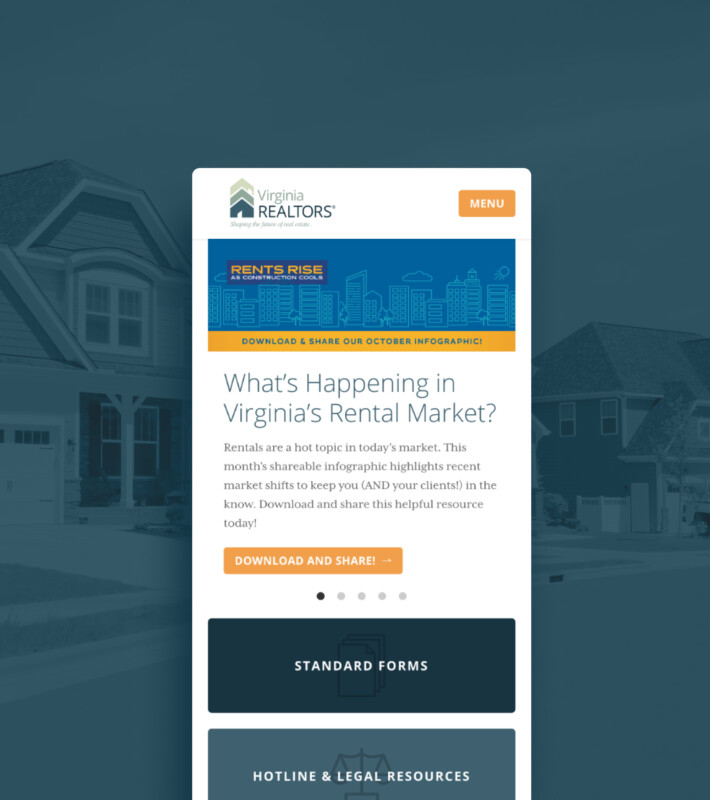 A webpage from Virginia REALTORS® features a prominent header titled "What’s Happening in Virginia’s Rental Market?" It highlights an infographic about rental market trends, emphasizing rising rents as construction cools. Below the header, there is a call-to-action button for downloading the infographic. Additional sections include options for "Standard Forms" and "Hotline & Legal Resources," all set against a backdrop of residential homes. The overall design is clean and professional, with a focus on providing valuable resources for real estate professionals.