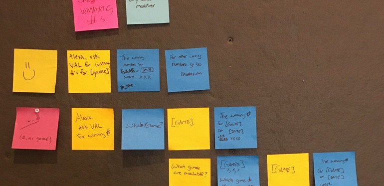 Post-it notes with notes from strategy meetings on them