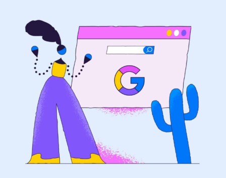 illustration of person with arms up looking at web browser window