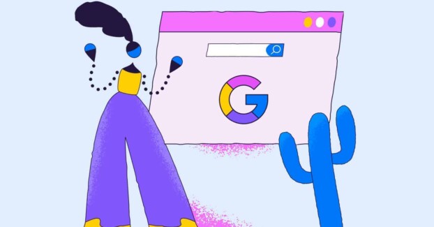 illustration of person with arms up looking at web browser window