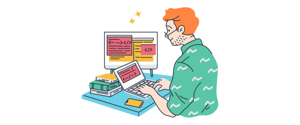 Graphic showing a person conducting QA tests