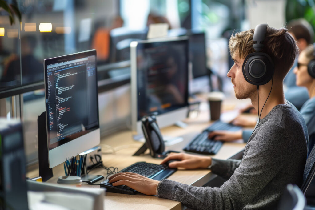 A young man is seated at a desk in a modern office environment, wearing large headphones. He is focused on a computer screen displaying lines of code. The workspace features multiple monitors, with another person visible in the background, also working at a computer. The desk is organized with a keyboard, mouse, and some stationery items, including pens and a cup. The overall atmosphere is collaborative and tech-oriented.