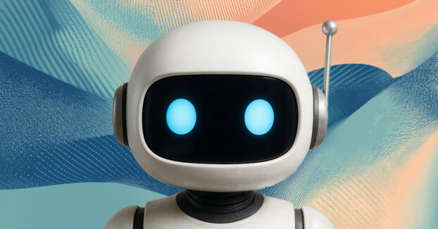 A small, cartoonish robot with a round head and large, glowing blue eyes stands against a colorful, abstract background featuring soft waves in shades of blue and peach. The robot has a smooth, white exterior with a black face and a silver antenna on its head. Its arms and legs are jointed, giving it a playful and friendly appearance.