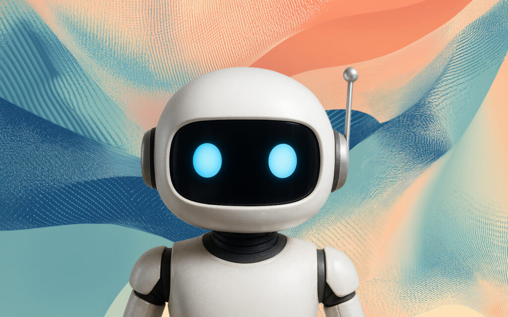 A small, cartoonish robot with a round head and large, glowing blue eyes stands against a colorful, abstract background featuring soft waves in pastel shades of orange, blue, and green. The robot has a smooth, white exterior with a black face and a small antenna on its head, giving it a friendly and approachable appearance. Its body is simple, with jointed arms and a minimalist design.