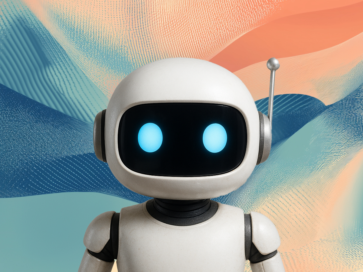 A small, cartoonish robot with a round head and large, glowing blue eyes stands against a colorful, abstract background featuring soft waves in shades of blue and peach. The robot has a smooth, white exterior with a black face and a silver antenna on its head. Its arms and legs are jointed, giving it a playful and friendly appearance.