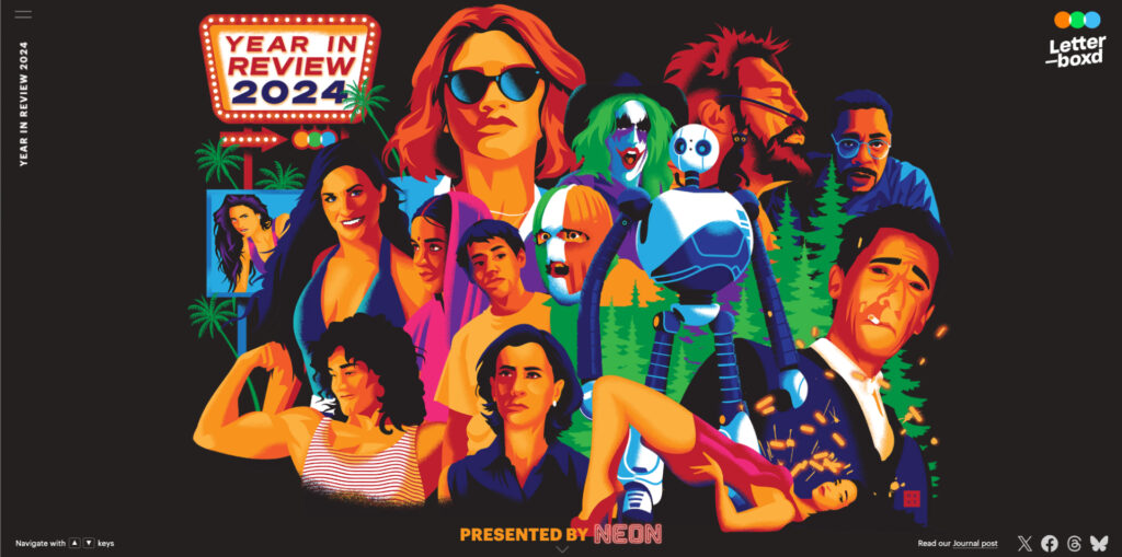 A vibrant, colorful illustration featuring a collage of diverse characters, some with distinct hairstyles and expressions, set against a dark background. Prominent elements include a retro marquee sign that reads "YEAR IN REVIEW 2024" and stylized trees in the background. The characters display a range of emotions and styles, including a robot and individuals in various poses, contributing to a lively and dynamic composition. The artwork is presented by "NEON" and features the Letterboxd logo in the corner.