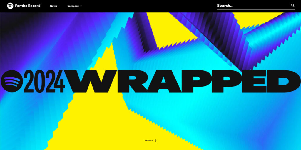A vibrant graphic features bold, large text reading "2024 WRAPPED" in black. The background is a dynamic blend of bright colors, including shades of blue, purple, and yellow, with geometric shapes and layered textures creating a sense of depth. The Spotify logo is positioned to the left of the text. A small "SCROLL" indicator is located at the bottom of the image.