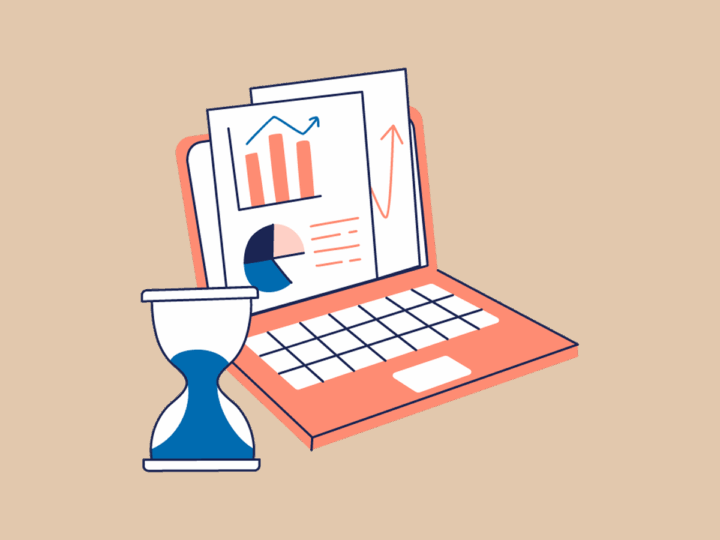 A stylized illustration of a laptop with an open screen displaying various graphs and charts, including a bar graph and a pie chart. Next to the laptop, there is an hourglass with blue sand, symbolizing time management or productivity. The background is a soft beige color, enhancing the overall design.