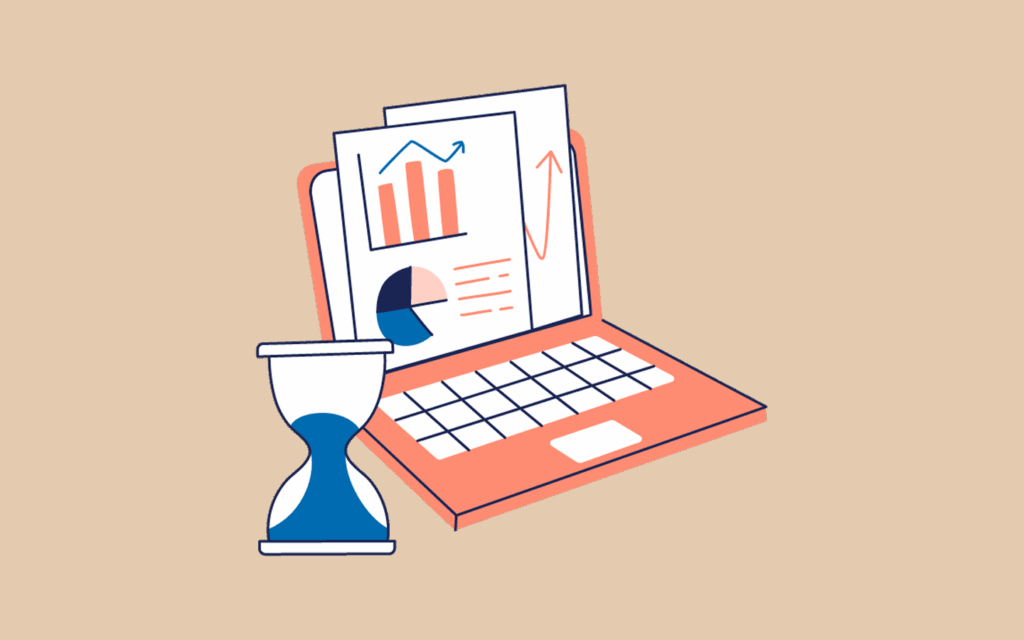 A stylized illustration of a laptop with a light coral-colored casing is shown. The laptop screen displays two sheets of paper featuring various graphs: one with a line graph and another with a pie chart. Next to the laptop, there is an hourglass with a blue and white design, indicating the passage of time. The background is a warm beige color.