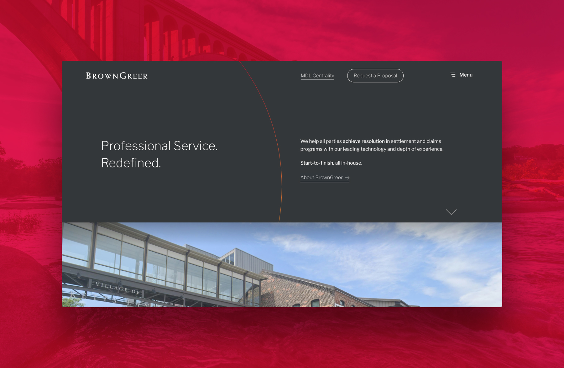 A website interface featuring a dark background with the text "Professional Service. Redefined." prominently displayed. Below, there is a brief description of services related to settlement and claims resolution. An image of a modern building with large glass windows and a sign that reads "VILLAGE OF" is visible, suggesting a contemporary architectural style. The overall design is sleek and professional, with a red gradient background.