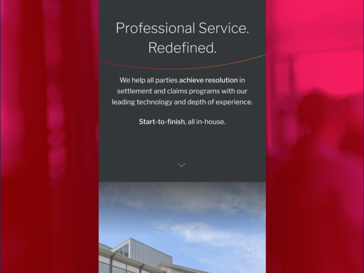 A mobile website interface for BrownGreer features a dark background with white text. The main heading reads 