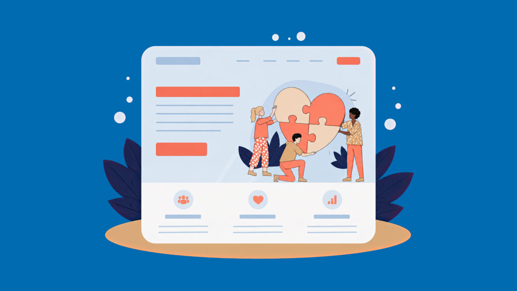 Three people are assembling a large heart-shaped puzzle with four pieces inside a webpage interface. The webpage has text blocks and icons below, including a group of people, a heart, and a bar chart, all set against a blue background with decorative leaves.