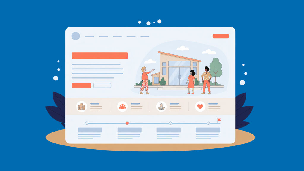 A webpage interface illustration featuring three people standing in front of a modern house with large glass doors and windows. The page includes text blocks, icons representing a building, a group of people, a leaf, and a heart, and a timeline with milestones at the bottom. The background is blue with decorative leaves and abstract shapes.