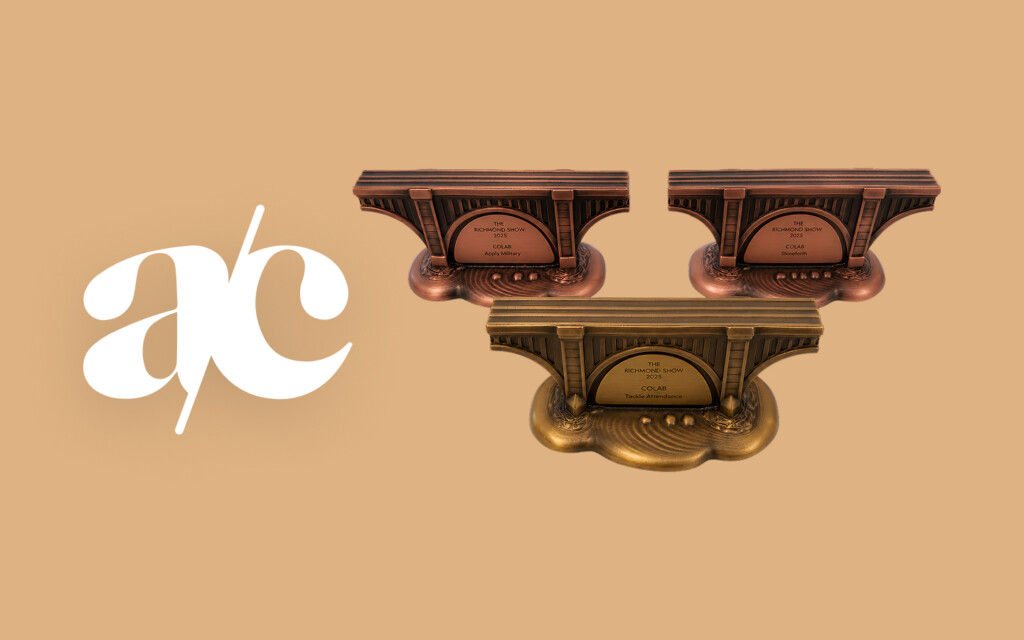 Three bridge-shaped trophies with engraved plaques for "THE RICHMOND SHOW 2025" and the category "COLAB" are displayed on a beige background. Two trophies are bronze-colored, labeled "Apply Military" and "Shineforth," while the third is gold-colored, labeled "Tackle Attendance." A stylized white "Ad Club" logo is positioned to the left of the trophies.