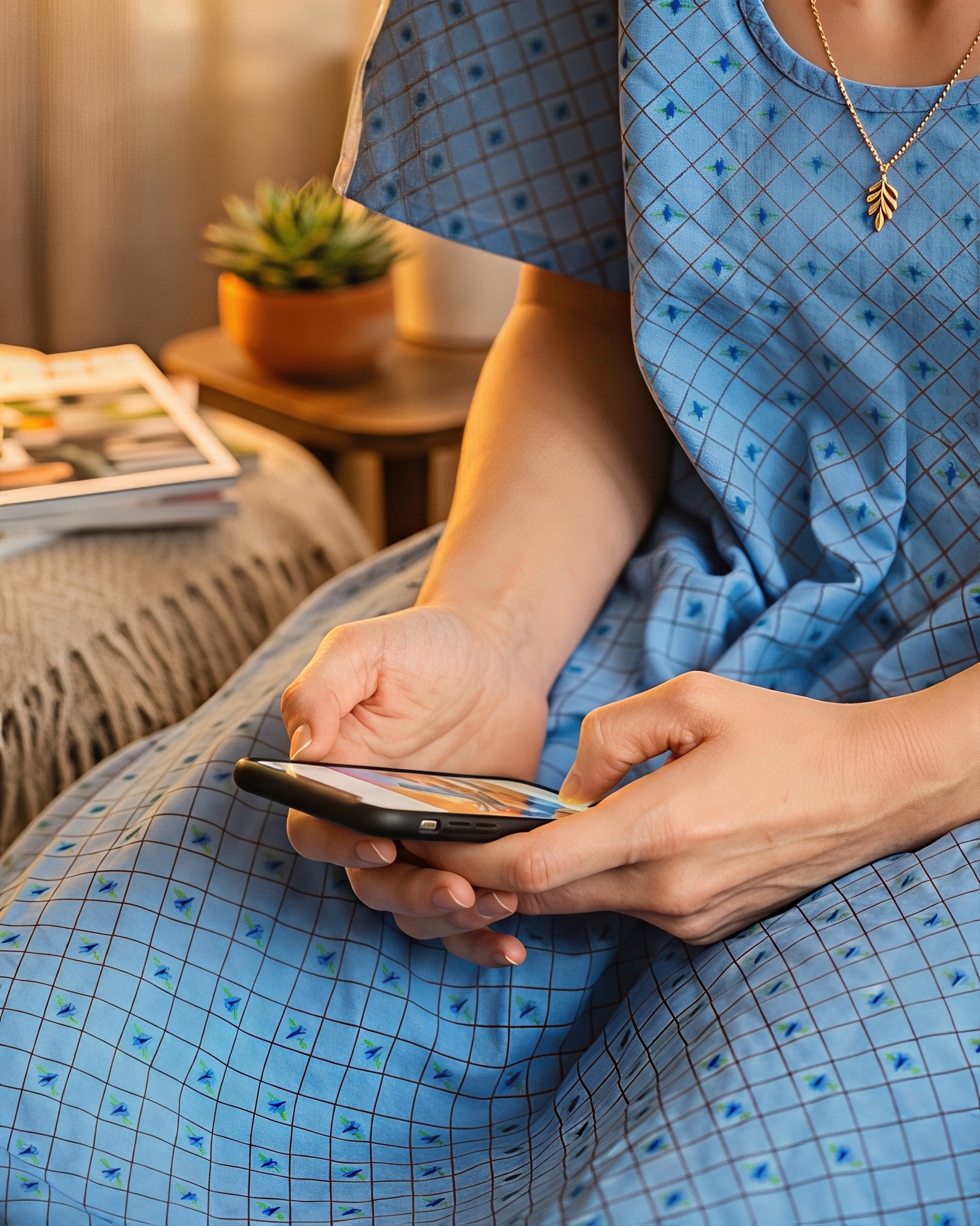 Hands holding a smartphone, with the person wearing a blue dress featuring a grid pattern and small blue floral designs. A gold necklace with a leaf pendant is visible around the person's neck. In the background, there is a blurred potted plant on a wooden table and some magazines or books on a textured surface.