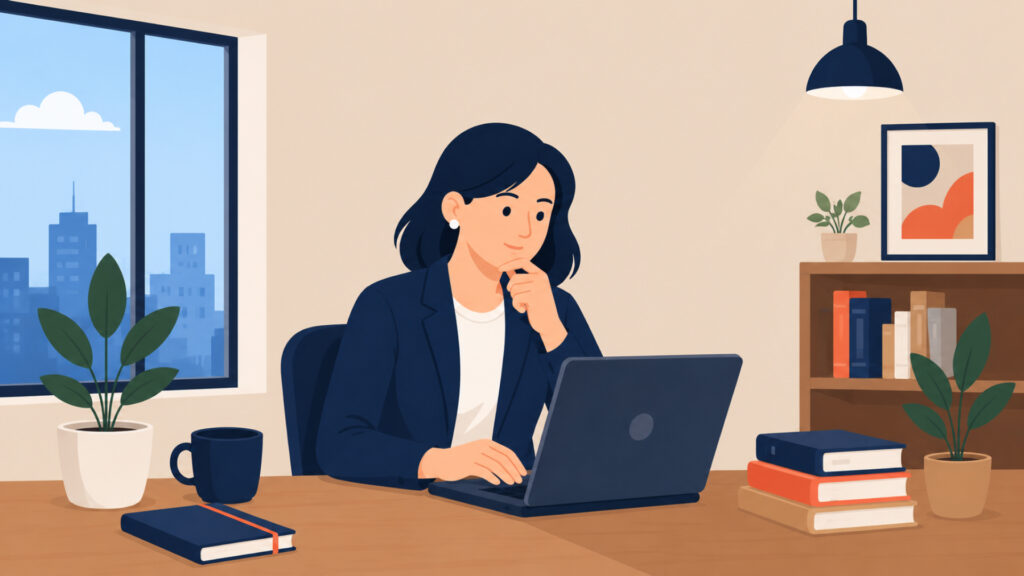 A woman with dark hair, wearing a navy blazer and white shirt, is sitting at a wooden desk working on a laptop. The desk has a potted plant, a dark blue mug, and a closed notebook with an orange elastic band. In the background, there is a bookshelf with books, another potted plant, and a framed abstract artwork. A large window shows a cityscape with buildings and a partly cloudy sky. A hanging lamp illuminates the area above the bookshelf.