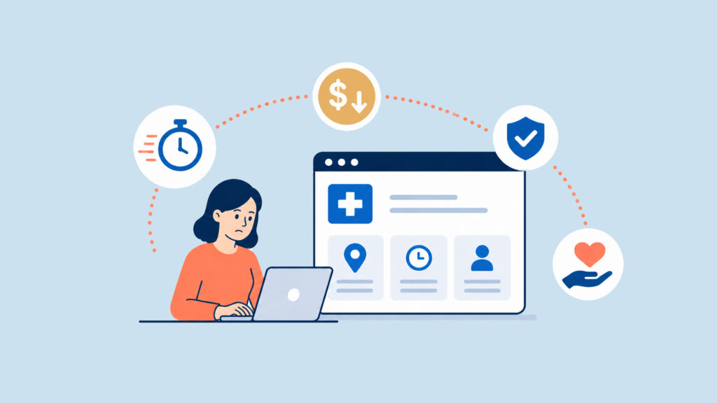 A woman with dark hair and an orange shirt is working on a laptop. Next to her is a large screen displaying a medical or health-related interface with icons for location, time, and user profile. Surrounding the screen are four circular icons connected by dotted lines: a stopwatch, a dollar sign with a downward arrow, a shield with a checkmark, and a hand holding a heart. The background is light blue.
