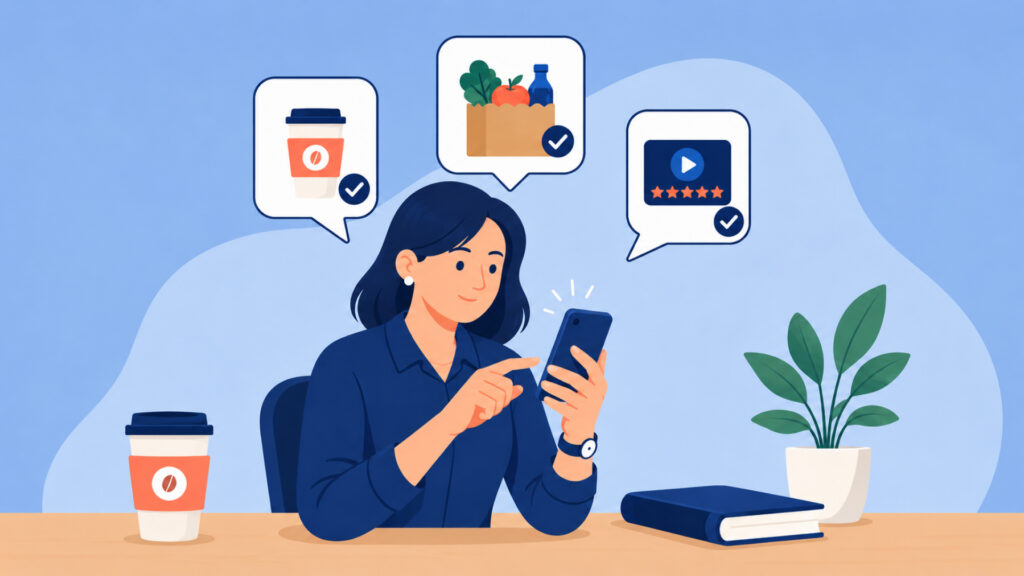 A woman with dark hair is sitting at a desk, using a smartphone. Speech bubbles above her show icons of a coffee cup, a grocery bag with vegetables and a bottle, and a video player with five stars, each marked with a check. On the desk are a takeaway coffee cup, a closed book, and a potted plant. The background is light blue with abstract shapes.