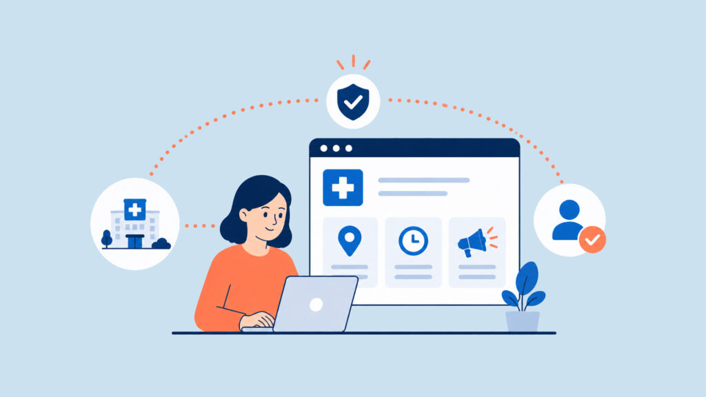 A woman with dark hair wearing an orange shirt is using a laptop. In front of her is a large screen displaying a medical-related interface with icons for location, time, and announcements. Above the screen are three connected icons: a hospital building, a shield with a checkmark symbolizing security, and a user profile with a checkmark. A small potted plant is on the right side of the desk. The background is light blue.