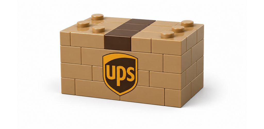 UPS logo on a tan LEGO-style brick box on a white background