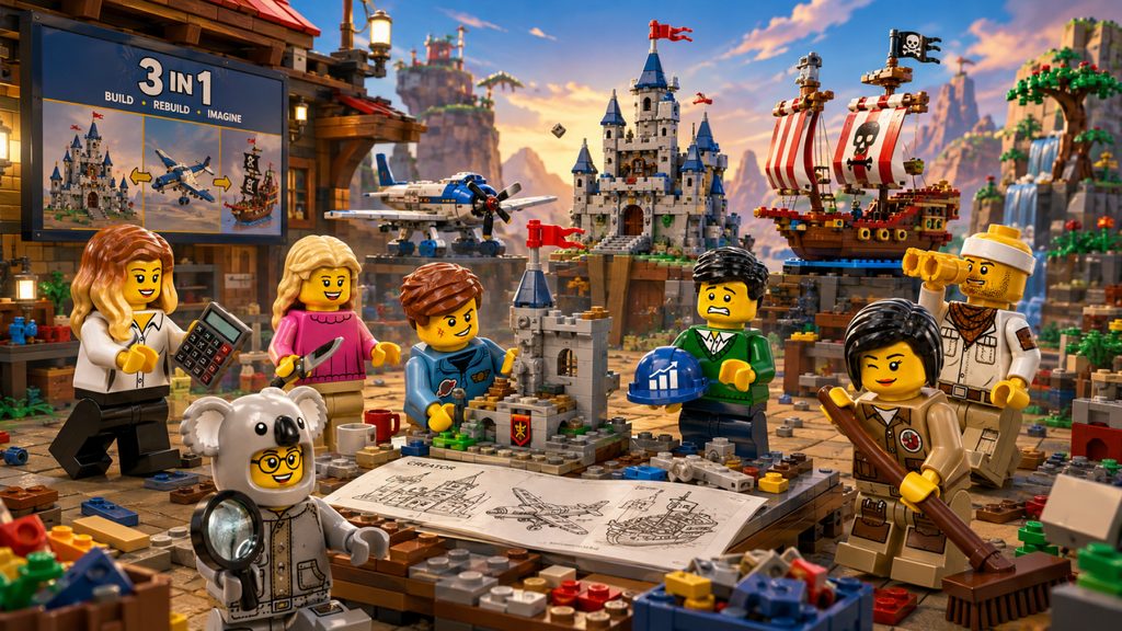 LEGO-style scene with minifigures, a castle, airplane, pirate ship, and a sign reading “3 IN 1 BUILD • REBUILD • IMAGINE”