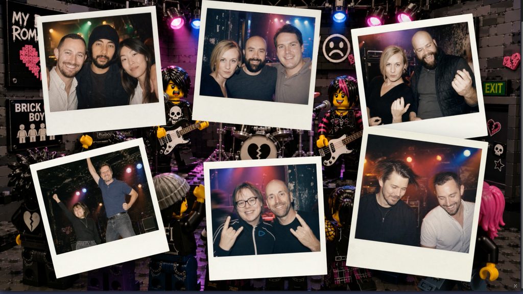 Collage of six Polaroid-style photos of people posing at a LEGO-themed concert stage with colorful lights and band props