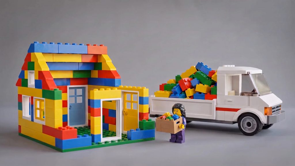 LEGO house with a white truck loaded with bricks and a minifigure holding a box beside it