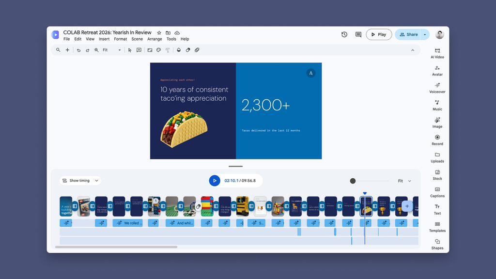 A video editor shows a slide reading “10 years of consistent taco’ing appreciation” and “2,300+ Tacos delivered in the last 12 months.”