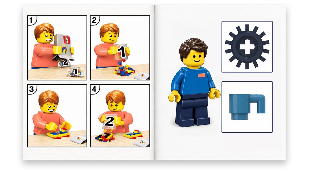 LEGO-style instructions showing a minifigure building a model in four steps, with a gear-plus icon and a blue part on the right