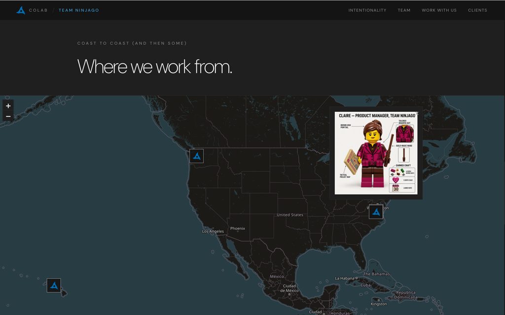 Dark map of North America with location markers and a pop-up card titled “CLAIRE — PRODUCT MANAGER, TEAM NINJAGO.”