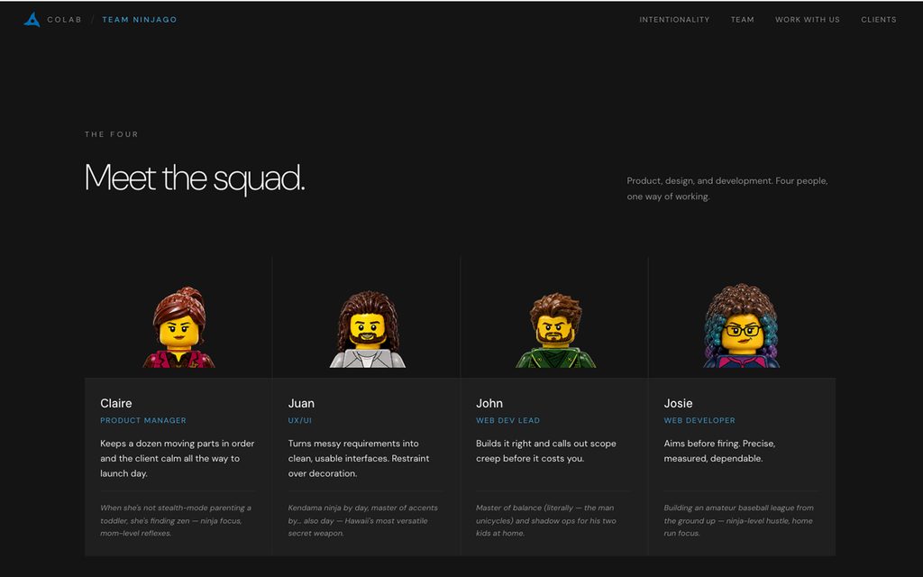 Dark team webpage titled “Meet the squad.” with four LEGO-style profile cards for Claire, Juan, John, and Josie.