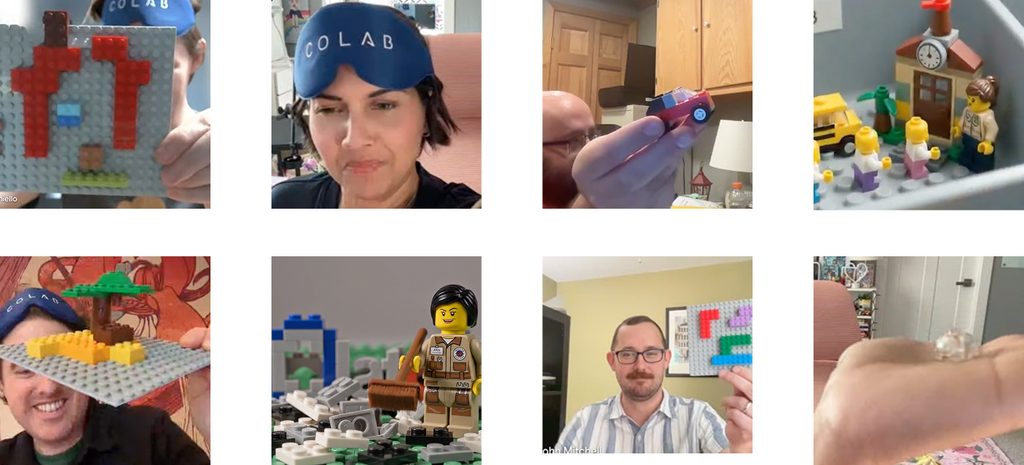 Collage of people holding LEGO builds, including a house, a car, a tree scene, and a minifigure on a baseplate