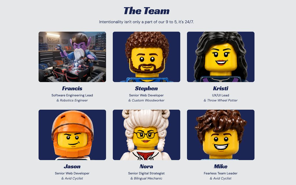 Team page with six LEGO-style portraits labeled Francis, Stephen, Kristi, Jason, Nora, and Mike, each with a role beneath.