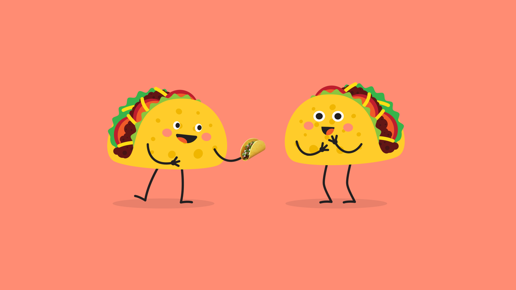 Two cartoon tacos with smiling faces stand on a pink background, one holding a small taco in its hand.