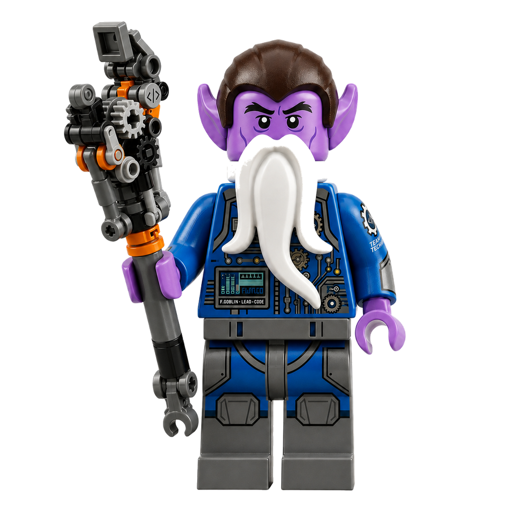 Purple LEGO-style goblin minifigure with brown hair, white beard, blue outfit, and a mechanical staff.